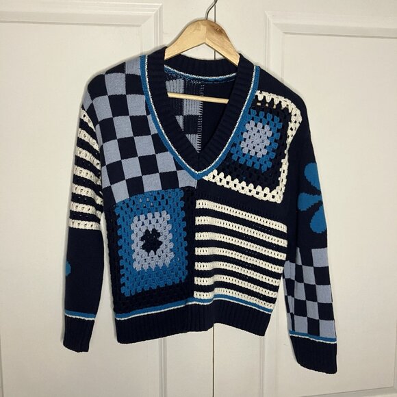 Rails Joni Sweater Womens XS Patchwork Crochet Granny Square V-neck - Picture 2 of 8